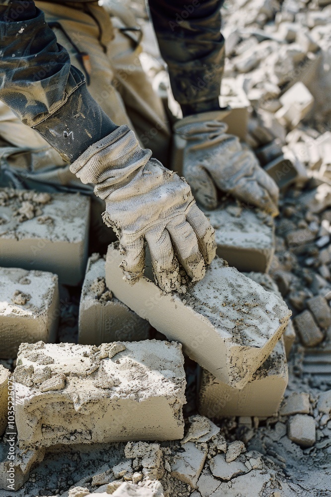 Poster a person constructs a brick structure using cement and mortar, with bricks stacked and held in place