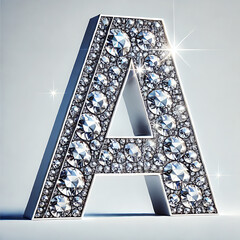 A 3D letter 'A' with a realistic crafted entirely from sparkling diamond texture on a white background, Generative Ai