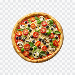 delicious pizza with ham and bacon slices, mozzarella cubes, tomatoes, bell pepper png design 