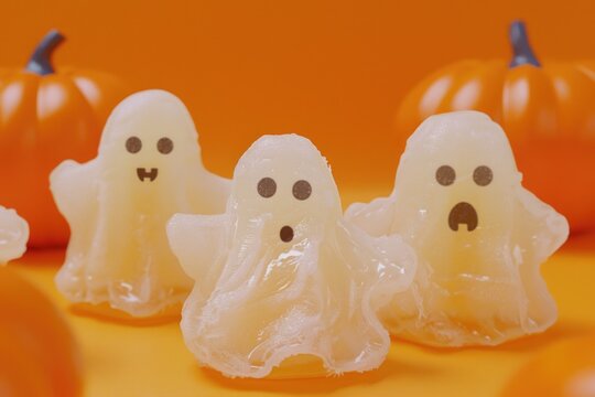Group of plastic ghosts sitting on a table, great for spooky decorations or Halloween theme