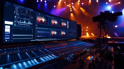 Fototapeta premium Photo of a close-up shot of professional video editing and color grading on a digital screen in a film studio with a live show or concert stage background.