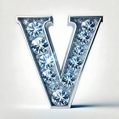A 3D letter 'V' with a realistic crafted entirely from sparkling diamond texture on a white background, Generative Ai