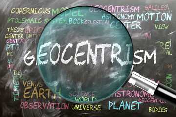 Geocentrism being studied, examined - under close inspection. Most important subjects and ideas closely related to geocentrism written on a blackboard inspected by a magnifying glass. ,3d illustration