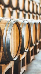 A tranquil row of wooden barrels radiating warmth in a rustic wine cellar