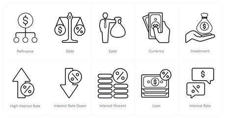 A set of 10 Loan and Debt icons as refinance, debt, currency