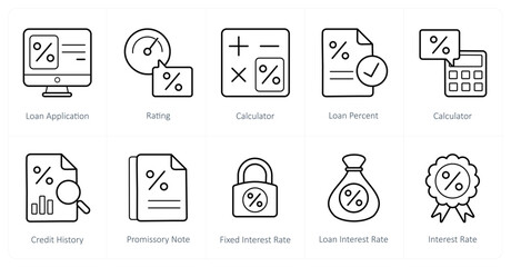 A set of 10 Loan and Debt icons as loan application, rating, calculator