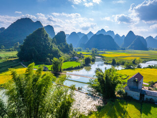 Aerial landscape in Phong Nam valley, Cao bang province, Vietnam with river, nature, rice fields, beautiful destination in Northern Vietnam