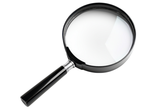Close-up of a magnifying glass on a transparent background. symbolizing exploration, scrutiny, and investigation in a minimalistic design. - Powered by Adobe