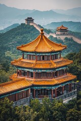A Chinese-style building, located on the top of Mountains in China, with floors and golden roofs.