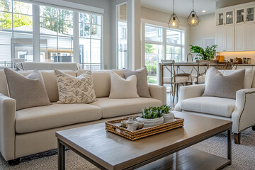 Stylish modern living room with comfortable seating and natural light in a contemporary home setting. Generative AI