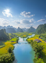 Aerial landscape in Phong Nam valley, Cao bang province, Vietnam with river, nature, rice fields,...