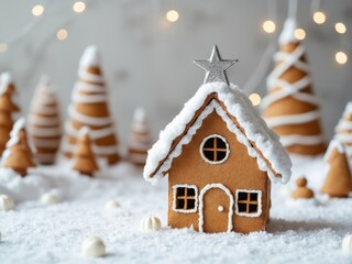 Naklejka premium Festive gingerbread house covered in snow icing with star topper, surrounded by frosted gingerbread trees and soft holiday lights