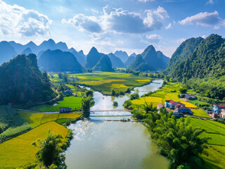 Aerial landscape in Phong Nam valley, Cao bang province, Vietnam with river, nature, rice fields, beautiful destination in Northern Vietnam