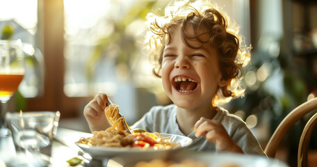 Cute little kid boy eating spaghetti bolognese or pasta macaroni bolognese at home. Happy child eating fresh cooked healthy meal with noodles. Generative Ai.
