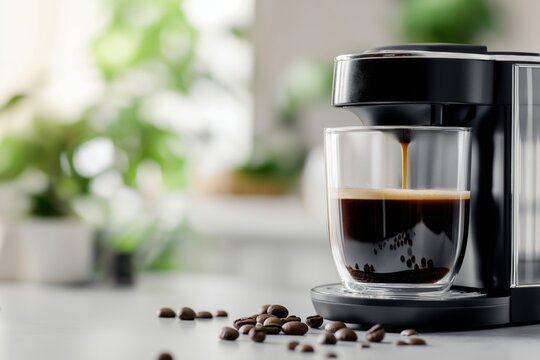 A modern coffee machine pours a fresh espresso into a clear glass cup, with scattered coffee beans on a bright kitchen counter. Greenery in the background adds a refreshing atmosphere