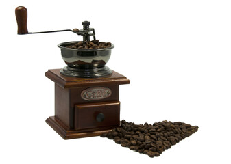 Vintage Wooden Coffee Grinder with Fresh Coffee Beans in heart shape