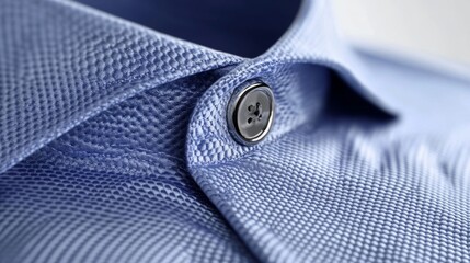 Closeup Blue Dress Shirt Collar with Button   Formal Clothing Texture