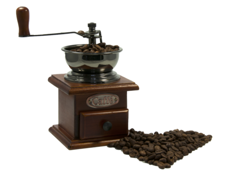 Vintage Wooden Coffee Grinder with Fresh Coffee Beans in heart shape