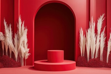 Red display podiums paired with an arch backdrop, perfect for showcasing products.
