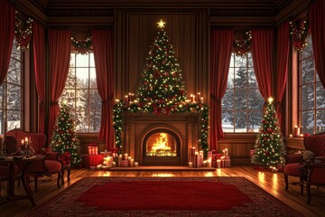 Christmas room background, front view,much more closeup, a Christmas tree in the middle of the living room with a fireplace and window decorated with generative ai