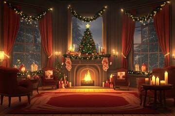 Obraz premium Christmas room background, front view,much more closeup, a Christmas tree in the middle of the living room with a fireplace and window decorated with generative ai