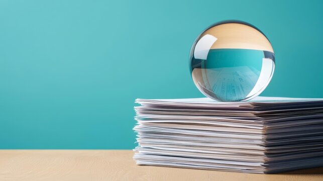 Exploring perspectives the clear glass sphere on a stack of documents highlighting clarity and focus in business contexts