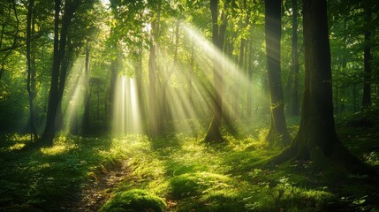Obraz premium Sunlight streaming through trees in a lush green forest landscape