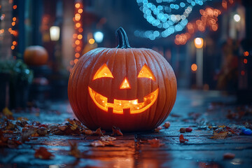 Creative halloween banner with traditional symbols orange pumpkin wizard hat black cat jack o lanterns, Generative AI