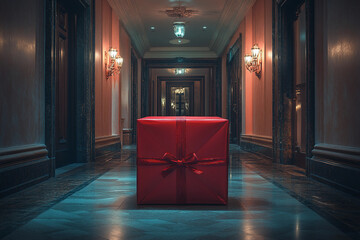 Mockup photo with space for text giftbox holiday present box with colorful ribbon bow, Generative AI