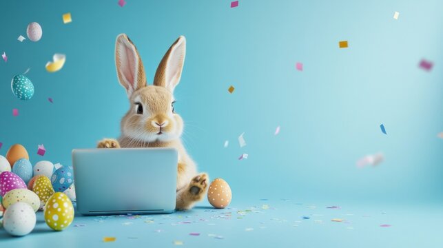 Easter Bunny on Laptop with Confetti