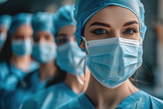 A group of women wearing surgical masks, informative and straightforward description