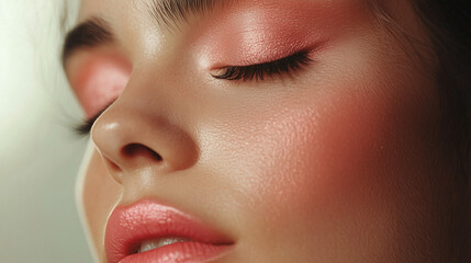 Soft pink makeup with glowing skin, Radiant beauty portrait with natural makeup. Natural glowing skin with soft blush makeup. Cosmetics photo, beauty industry advertising photo.