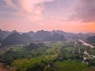 Fototapeta premium Aerial landscape in Phong Nam valley, Cao bang province, Vietnam with river, nature, rice fields, beautiful destination in Northern Vietnam