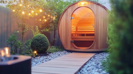 Naklejka premium Outdoor Barrel Sauna with Burning Fire Pit on Wooden Walkway in Backyard Garden at Twilight.
