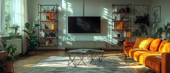 A modern living room with an orange couch, black metal bookshelves, and a large flat screen tv.
