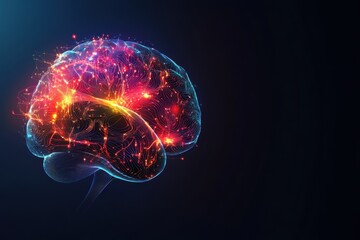 An infographic displaying a brain with glowing circuits, symbolizing the process of innovative thinking, with blank space on the right for commercial use or text.