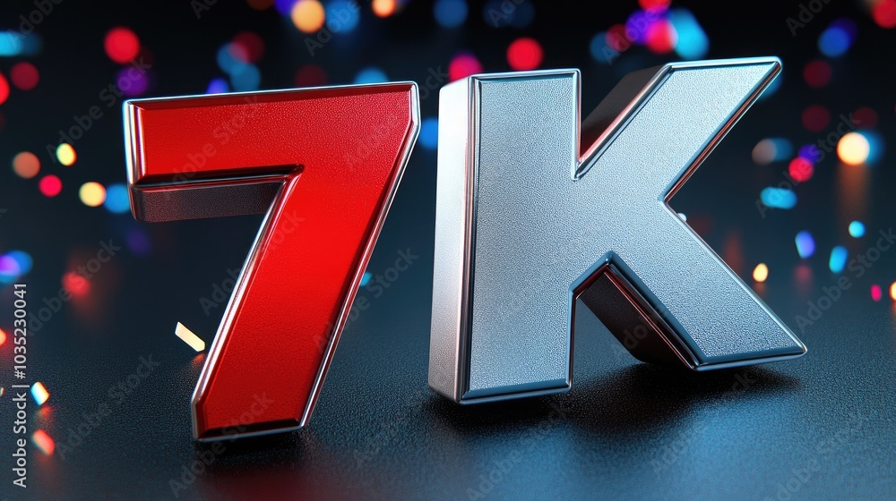Poster vibrant 3d rendering of the glowing 7k text amidst a dark background filled with colorful sparks and