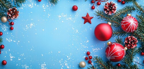 Blue backdrop featuring New Year holiday decor.