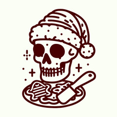 A festive skull wearing a Santa hat, surrounded by playful elements, features food on a plate and a spatula, merging holiday cheer with a spooky vibe.
