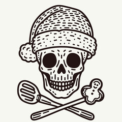 A festive skull wearing a Santa hat, crossed with a spatula and a gingerbread figure, merging holiday cheer with a playful, edgy vibe.