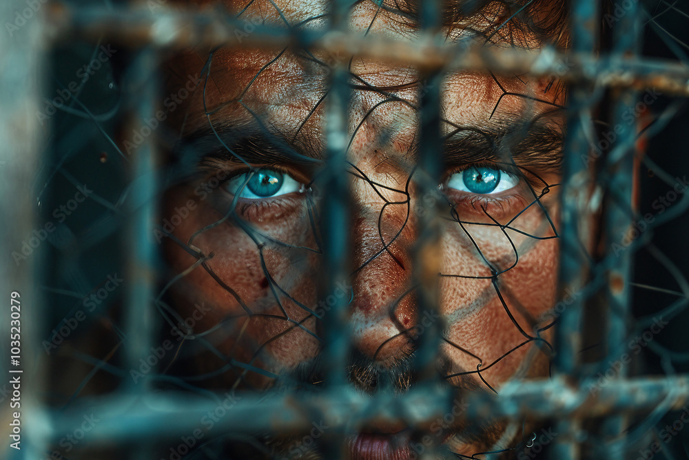 Poster designed with generative ai image of a person in jail cell