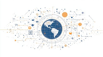 Obraz premium A flat vector illustration of the Earth surrounded by icons representing a global network, the internet, and technology on a white background.
