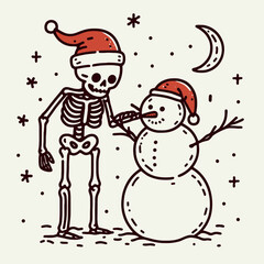 A whimsical illustration of a skeleton in a Santa hat playfully interacting with a snowman, set against a snowy night background.