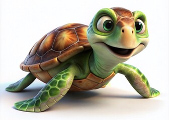 3D Cartoon Old Sea Turtle on White Background - Cute Marine Animal Illustration for Kids and Nature Themes