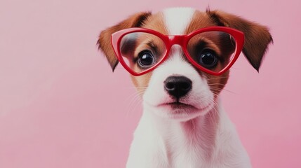 Adorable Jack Russell Terrier puppy with red, heart-shaped glasses on a pink background, closeup.