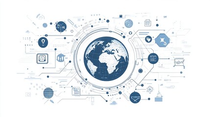 Obraz premium A flat vector illustration of the Earth surrounded by icons representing a global network, the internet, and technology on a white background.
