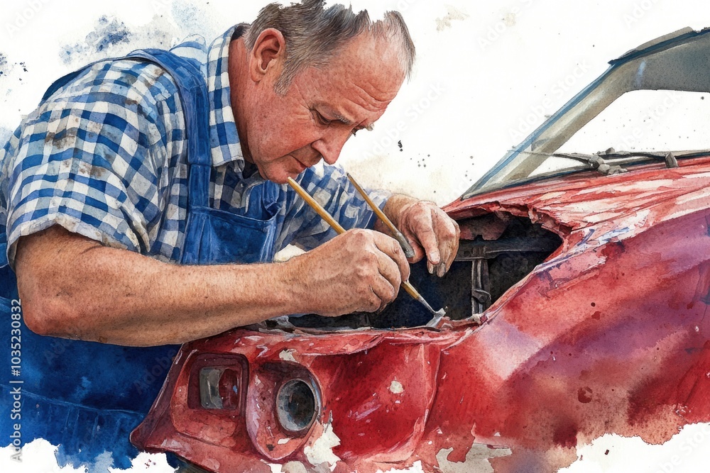 Poster a person working on a vehicle with a pencil, possibly fixing or customizing