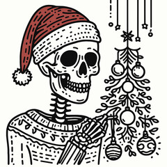 A festive skeleton wearing a Santa hat decorates a Christmas tree, blending holiday cheer with a spooky twist.