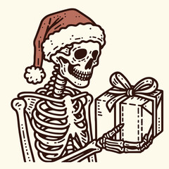 A festive skeleton wearing a Santa hat, holding a wrapped gift, combines Halloween and Christmas themes in a whimsical design.