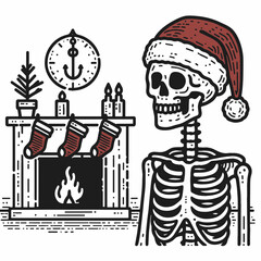 A festive skeleton in a Santa hat stands by a fireplace adorned with stockings, blending Halloween and Christmas themes in a humorous way.